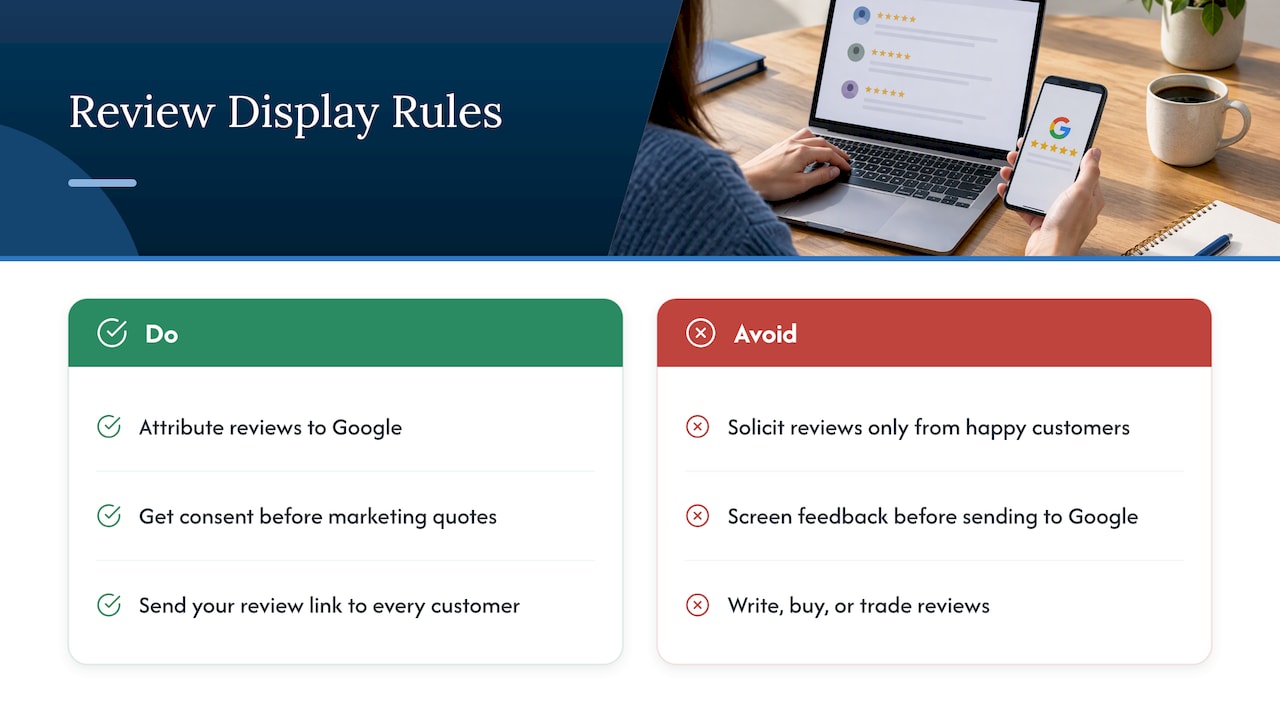 Rules to follow when you show Google reviews — overview diagram